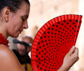 Flamenco dancer Paulina Mendes fans herself after performing in Plaza de Espana (Spain Square), in Seville, Spain, June 23, 2026. REUTERS/Marcelo del Pozo