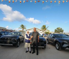 PM Modi handed over the ‘Made in India’ Fast Patrol Vessel (FPV) PS LESPWAR to President Dr. Patrick Herminie at the Seychelles Coast Guard Base