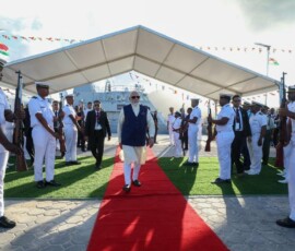 PM Modi handed over the ‘Made in India’ Fast Patrol Vessel (FPV) PS LESPWAR to President Dr. Patrick Herminie at the Seychelles Coast Guard Base