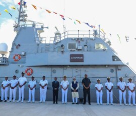 PM Modi handed over the ‘Made in India’ Fast Patrol Vessel (FPV) PS LESPWAR to President Dr. Patrick Herminie at the Seychelles Coast Guard Base