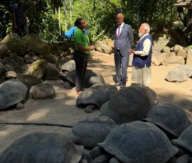 PM Modi along with President Dr. Patrick Herminie visited the Giant Tortoise Enclosure at the Seychelles National Botanical Garden.