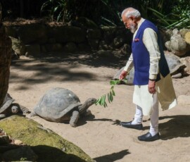 PM Modi along with President Dr. Patrick Herminie visited the Giant Tortoise Enclosure at the Seychelles National Botanical Garden.