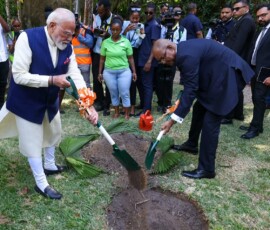 Prime Minister Narendra Modi planted a sapling of the rare ‘Coco de Mer’ palm at the Seychelles National Botanical Garden in the presence of President Dr. Patrick Herminie.