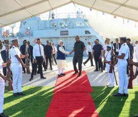 PM Modi handed over the ‘Made in India’ Fast Patrol Vessel (FPV) PS LESPWAR to President Dr. Patrick Herminie at the Seychelles Coast Guard Base