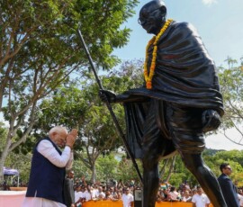 PM Narendra Modi paid homage to Mahatma Gandhi at the Peace Park in Victoria, Seychelles