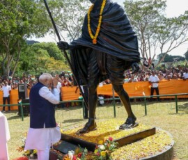 PM Narendra Modi paid homage to Mahatma Gandhi at the Peace Park in Victoria, Seychelles