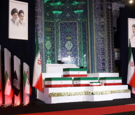 The coffins of Iran's late Supreme Leader Ayatollah Ali Khamenei and his family member are displayed on the day international delegates participate in a farewell ceremony for Khamenei, who was killed on February 28 during Israeli and U.S. airstrikes on Iran, at the Imam Khomeini Grand Mosalla in Tehran, Iran July 3, 2026. Majid Asgaripour/WANA (West Asia News Agency) via REUTERS ATTENTION EDITORS - THIS PICTURE WAS PROVIDED BY A THIRD PARTY. ISRAEL OUT. NO COMMERCIAL OR EDITORIAL SALES IN ISRAEL. NO ACCESS FOR ISRAELI MEDIA. NO USE BBC PERSIAN. NO USE VOA PERSIAN. NO USE MANOTO. NO USE IRAN INTERNATIONAL. NO USE RADIO FARDA. DIGITAL: NO USE BBC PERSIAN. NO USE VOA PERSIAN. NO USE MANOTO. NO USE IRAN INTERNATIONAL. NO USE RADIO FARDA.