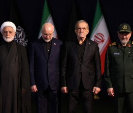 Iranian President Masoud Pezeshkian, Parliament Speaker Mohammad Baqer Qalibaf and Head of Judiciary Gholamhossein Mohseni Ejei attend a farewell ceremony for Iran's late Supreme Leader Ayatollah Ali Khamenei, who was killed on February 28 during Israeli and U.S. airstrikes on Iran, for international delegates at the Imam Khomeini Grand Mosalla in Tehran, Iran July 3, 2026. Majid Asgaripour/WANA (West Asia News Agency) via REUTERS ATTENTION EDITORS - THIS PICTURE WAS PROVIDED BY A THIRD PARTY. ISRAEL OUT. NO COMMERCIAL OR EDITORIAL SALES IN ISRAEL. NO ACCESS FOR ISRAELI MEDIA. NO USE BBC PERSIAN. NO USE VOA PERSIAN. NO USE MANOTO. NO USE IRAN INTERNATIONAL. NO USE RADIO FARDA. DIGITAL: NO USE BBC PERSIAN. NO USE VOA PERSIAN. NO USE MANOTO. NO USE IRAN INTERNATIONAL. NO USE RADIO FARDA.