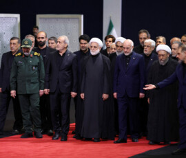 Iranian President Masoud Pezeshkian, Parliament Speaker Mohammad Baqer Qalibaf and Head of Judiciary Gholamhossein Mohseni Ejei attend a farewell ceremony for Iran's late Supreme Leader Ayatollah Ali Khamenei, who was killed on February 28 during Israeli and U.S. airstrikes on Iran, for international delegates at the Imam Khomeini Grand Mosalla in Tehran, Iran July 3, 2026. Majid Asgaripour/WANA (West Asia News Agency) via REUTERS ATTENTION EDITORS - THIS PICTURE WAS PROVIDED BY A THIRD PARTY. ISRAEL OUT. NO COMMERCIAL OR EDITORIAL SALES IN ISRAEL. NO ACCESS FOR ISRAELI MEDIA. NO USE BBC PERSIAN. NO USE VOA PERSIAN. NO USE MANOTO. NO USE IRAN INTERNATIONAL. NO USE RADIO FARDA. DIGITAL: NO USE BBC PERSIAN. NO USE VOA PERSIAN. NO USE MANOTO. NO USE IRAN INTERNATIONAL. NO USE RADIO FARDA.