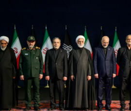 Iranian military commander Mohsen Rezaee, Iranian Foreign Minister Abbas Araqchi, Chief Justice of Iran Gholamhossein Mohseni Ejei, Iran's parliament speaker Mohammad Baqer Qalibaf and Iranian President Masoud Pezeshkian attend a farewell ceremony for Iran's late Supreme Leader Ayatollah Ali Khamenei, who was killed on February 28 during Israeli and U.S. airstrikes on Iran, for international delegates at the Imam Khomeini Grand Mosalla in Tehran, Iran, July 3, 2026. REUTERS/Mohammed Salem Foreign media in Iran operate under guidelines set by the Ministry of Culture and Islamic Guidance, which regulates press activity and permissions ISRAEL OUT. NO COMMERCIAL OR EDITORIAL SALES IN ISRAEL. NO ACCESS FOR ISRAELI MEDIA. NO USE BBC PERSIAN. NO USE VOA PERSIAN. NO USE MANOTO. NO USE IRAN INTERNATIONAL. NO USE RADIO FARDA. DIGITAL: NO USE BBC PERSIAN. NO USE VOA PERSIAN. NO USE MANOTO. NO USE IRAN INTERNATIONAL. NO USE RADIO FARDA.