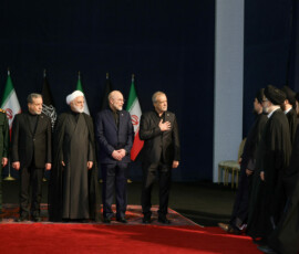 Iranian President Masoud Pezeshkian gestures as he greets Hassan Khomeini, grandson of the first Iranian Supreme Leader Ruhollah Khomeini, as he, Iranian military commander Mohsen Rezaee, Iranian Foreign Minister Abbas Araqchi, Chief Justice of Iran Gholam-Hossein Mohseni Ejei and Iran's parliament speaker Mohammad Baqer Qalibaf attend a farewell ceremony for Iran's late Supreme Leader Ayatollah Ali Khamenei, who was killed on February 28 during Israeli and U.S. airstrikes on Iran, for international delegates at the Imam Khomeini Grand Mosalla in Tehran, Iran, July 3, 2026. REUTERS/Mohammed Salem Foreign media in Iran operate under guidelines set by the Ministry of Culture and Islamic Guidance, which regulates press activity and permissions ISRAEL OUT. NO COMMERCIAL OR EDITORIAL SALES IN ISRAEL. NO ACCESS FOR ISRAELI MEDIA. NO USE BBC PERSIAN. NO USE VOA PERSIAN. NO USE MANOTO. NO USE IRAN INTERNATIONAL. NO USE RADIO FARDA. DIGITAL: NO USE BBC PERSIAN. NO USE VOA PERSIAN. NO USE MANOTO. NO USE IRAN INTERNATIONAL. NO USE RADIO FARDA.