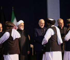Iranian President Masoud Pezeshkian, Parliament Speaker Mohammad Baqer Qalibaf and Head of Judiciary Gholamhossein Mohseni Ejei greet Afghanistan's Taliban Foreign Minister Amir Khan Muttaqi and his delegation as they attend a farewell ceremony for Iran's late Supreme Leader Ayatollah Ali Khamenei, who was killed on February 28 during Israeli and U.S. airstrikes on Iran, for international delegates at the Imam Khomeini Grand Mosalla in Tehran, Iran July 3, 2026. Majid Asgaripour/WANA (West Asia News Agency) via REUTERS ATTENTION EDITORS - THIS PICTURE WAS PROVIDED BY A THIRD PARTY. ISRAEL OUT. NO COMMERCIAL OR EDITORIAL SALES IN ISRAEL. NO ACCESS FOR ISRAELI MEDIA. NO USE BBC PERSIAN. NO USE VOA PERSIAN. NO USE MANOTO. NO USE IRAN INTERNATIONAL. NO USE RADIO FARDA. DIGITAL: NO USE BBC PERSIAN. NO USE VOA PERSIAN. NO USE MANOTO. NO USE IRAN INTERNATIONAL. NO USE RADIO FARDA.