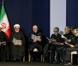 Member of the Assembly of Experts Mohsen Qomi, Chief Justice of Iran Gholam-Hossein Mohseni Ejei, Iran's parliament speaker Mohammad Baqer Qalibaf, Father-in-law of Iran's Supreme Leader Mojtaba Khamenei, Gholamali Haddad Adel, Iranian President Masoud Pezeshkian and adviser to Iran's supreme leader Mohsen Rezaei attend a farewell ceremony for Iran's late Supreme Leader Ayatollah Ali Khamenei, who was killed on February 28 during Israeli and U.S. airstrikes on Iran, for international delegates at the Imam Khomeini Grand Mosalla in Tehran, Iran, July 3, 2026. REUTERS/Mohammed Salem Foreign media in Iran operate under guidelines set by the Ministry of Culture and Islamic Guidance, which regulates press activity and permissions ISRAEL OUT. NO COMMERCIAL OR EDITORIAL SALES IN ISRAEL. NO ACCESS FOR ISRAELI MEDIA. NO USE BBC PERSIAN. NO USE VOA PERSIAN. NO USE MANOTO. NO USE IRAN INTERNATIONAL. NO USE RADIO FARDA. DIGITAL: NO USE BBC PERSIAN. NO USE VOA PERSIAN. NO USE MANOTO. NO USE IRAN INTERNATIONAL. NO USE RADIO FARDA.