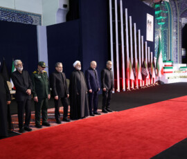 Member of the Assembly of Experts Mohsen Qomi, Chief Justice of Iran Gholam-Hossein Mohseni Ejei, Iran's parliament speaker Mohammad Baqer Qalibaf, Father-in-law of Iran's Supreme Leader Mojtaba Khamenei, Gholamali Haddad Adel, Iranian President Masoud Pezeshkian, Iranian military commander Mohsen Rezaee and Iranian Foreign Minister Abbas Araqchi attend a farewell ceremony for Iran's late Supreme Leader Ayatollah Ali Khamenei, who was killed on February 28 during Israeli and U.S. airstrikes on Iran, for international delegates at the Imam Khomeini Grand Mosalla in Tehran, Iran July 3, 2026. Majid Asgaripour/WANA (West Asia News Agency) via REUTERS ATTENTION EDITORS - THIS PICTURE WAS PROVIDED BY A THIRD PARTY. ISRAEL OUT. NO COMMERCIAL OR EDITORIAL SALES IN ISRAEL. NO ACCESS FOR ISRAELI MEDIA. NO USE BBC PERSIAN. NO USE VOA PERSIAN. NO USE MANOTO. NO USE IRAN INTERNATIONAL. NO USE RADIO FARDA. DIGITAL: NO USE BBC PERSIAN. NO USE VOA PERSIAN. NO USE MANOTO. NO USE IRAN INTERNATIONAL. NO USE RADIO FARDA.