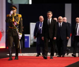 Georgian President Mikheil Kavelashvili attends a farewell ceremony for Iran's late Supreme Leader Ayatollah Ali Khamenei, who was killed on February 28 during Israeli and U.S. airstrikes on Iran, for international delegates at the Imam Khomeini Grand Mosalla in Tehran, Iran July 3, 2026. Majid Asgaripour/WANA (West Asia News Agency) via REUTERS ATTENTION EDITORS - THIS PICTURE WAS PROVIDED BY A THIRD PARTY. ISRAEL OUT. NO COMMERCIAL OR EDITORIAL SALES IN ISRAEL. NO ACCESS FOR ISRAELI MEDIA. NO USE BBC PERSIAN. NO USE VOA PERSIAN. NO USE MANOTO. NO USE IRAN INTERNATIONAL. NO USE RADIO FARDA. DIGITAL: NO USE BBC PERSIAN. NO USE VOA PERSIAN. NO USE MANOTO. NO USE IRAN INTERNATIONAL. NO USE RADIO FARDA.