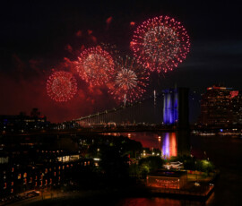 Fireworks explode over the Brooklyn Bridge as the United States celebrates its 250th anniversary on Independence Day in New York City, U.S., July 4, 2026. REUTERS/Angelina Katsanis