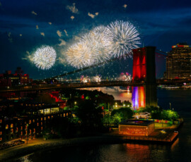 Fireworks explode over the Brooklyn Bridge as the United States celebrates its 250th anniversary on Independence Day in New York City, U.S., July 4, 2026. REUTERS/Angelina Katsanis