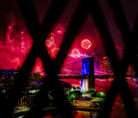 Fireworks explode over the Brooklyn Bridge as the United States celebrates its 250th anniversary on Independence Day in New York City, U.S., July 4, 2026. REUTERS/Angelina Katsanis