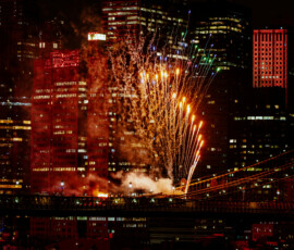 Fireworks explode over the Brooklyn Bridge, causing a small fire, as the United States celebrates its 250th anniversary on Independence Day in New York City, U.S., July 4, 2026. REUTERS/Angelina Katsanis