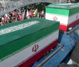 The coffins of Iran's late Supreme Leader Ayatollah Ali Khamenei and his family members, on the day people attend a funeral procession for Khamenei, who was killed on February 28 in Israeli and U.S. airstrikes, in Tehran, Iran July 6, 2026, in this still image taken from video. IRIB via REUTERS TV/via REUTERS