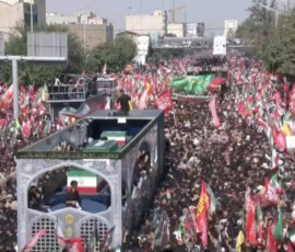 The coffins of Iran's late Supreme Leader Ayatollah Ali Khamenei and his family members as people attend a funeral procession for Iran's late Supreme Leader Ayatollah Ali Khamenei, who was killed on February 28 in Israeli and U.S. airstrikes, in Tehran, Iran July 6, 2026, in this still image taken from video. IRIB via REUTERS TV/via REUTERS