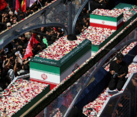 A vehicle carrying coffins of Iran's late Supreme Leader Ayatollah Ali Khamenei and his family members, makes its way as people attend a funeral procession for Khamenei, who was killed on February 28 in Israeli and U.S. airstrikes, in Tehran, Iran, July 6, 2026. Majid Asgaripour/WANA (West Asia News Agency) via REUTERS