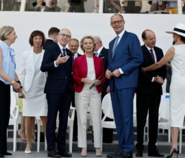 European Commission President Ursula von der Leyen, Luxembourg's Prime Minister Luc Frieden and German Chancellor Friedrich Merz attend the annual Bastille Day military parade on the Place de la Concorde in Paris, France, July 14, 2026. REUTERS/Benoit Tessier/Pool