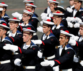 Students of the Ecole des Mousses march the annual Bastille Day military parade on the Champs-Elysees avenue in Paris, France, July 14, 2026. REUTERS/Benoit Tessier