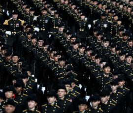 Students of the Ecole Polytechnique (Special military school of Polytechnique) march the annual Bastille Day military parade on the Champs-Elysees avenue in Paris, France, July 14, 2026. REUTERS/Benoit Tessier