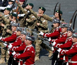 Bulgarian troops march with soldiers from countries of the Coalition of the Willing during the annual Bastille Day military parade on the Champs-Elysees avenue in Paris, France, July 14, 2026. REUTERS/Benoit Tessier