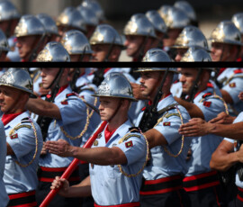 Members of the firefighter brigade of Paris march during the annual Bastille Day military parade on the Place de la Concorde in Paris, France, July 14, 2026. REUTERS/Tom Nicholson