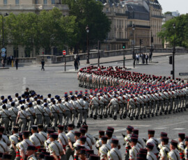 Soldiers of the French Army 12th Cuirassier Regiment march during the annual Bastille Day military parade on the Place de la Concorde in Paris, France, July 14, 2026. REUTERS/Tom Nicholson