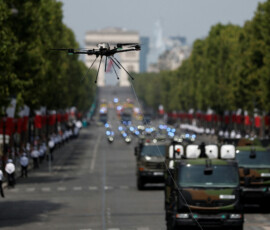 A military drone flies over the Champs-Elysees avenue during the annual Bastille Day military parade in Paris, France, July 14, 2026. REUTERS/Benoit Tessier