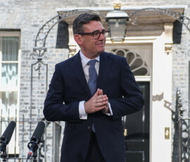 Britain's newly appointed Prime Minister Andy Burnham delivers a speech outside 10 Downing Street after taking office, in London, Britain, July 20, 2026. REUTERS/Isabel Infantes