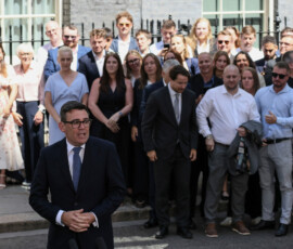 Britain's newly appointed Prime Minister Andy Burnham delivers a speech outside 10 Downing Street after taking office, in London, Britain, July 20, 2026. REUTERS/Jack Taylor