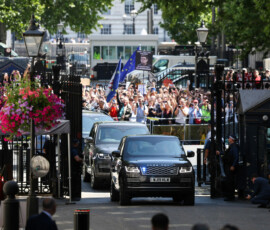 Britain's newly appointed Prime Minister Andy Burnham arrives in a motorcade at Downing Street for his first day in office, in London, Britain, July 20, 2026. REUTERS/Temilade Adelaja