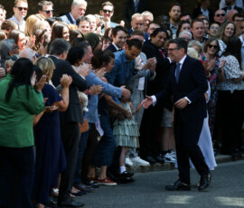Britain's newly appointed Prime Minister Andy Burnham and his wife Marie-France van Heel greet supporters as they arrive at 10 Downing Street for Burnham's first day in office, in London, Britain, July 20, 2026. REUTERS/Temilade Adelaja