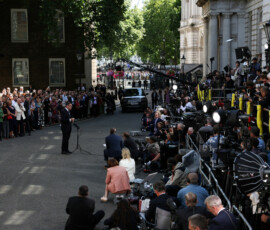 Britain's newly appointed Prime Minister Andy Burnham delivers a speech outside 10 Downing Street after taking office, in London, Britain, July 20, 2026. REUTERS/Temilade Adelaja
