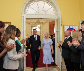 Staff clap as new Prime Minister Andy Burnham and wife Marie-France van Heel walk into 10 Downing Street in London, Monday, July 20, 2026. Kin Cheung/Pool via REUTERS