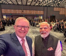 Prime Minister Narendra Modi joins Prime Minister Anthony Albanese for a selfie at the Economic Roadmap business event